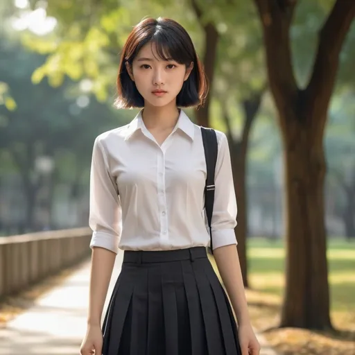 Prompt: 007 movie setting.  in public park. 
(((16 years old  soft heavenly beautiful asian girl as principle in a school hallways ))), boyish hair, small nose, small delicate lips, white blouse, black pensil tight skirt, short dark hair, flush cheeks, grossy lips.

warm smile, bright eyes, in love, happy.


 high quality, soft expression, dynamic lighting,   digital illustration, vibrant colors, 
, in love, perfect anatomy, highly detailed,((photorealistic)), ((hyperrealistic))

 (((full body))) 

128k resolution. 

 Zeiss Sonnar F 150mm f/2.8
 in the style of Paul Barson

