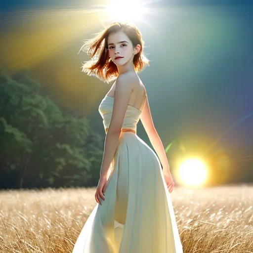 Prompt: ((Emma Watson)), photorealistic, standing on a vibrant golden grass field, (sunshine) illuminating from behind, facing the camera with a warm smile, elegant white long skirt flowing softly, exquisite detail on facial features, (dynamic range color), shot with a 180mm Leica lens, radiant lighting enhancing the scene, ultra-detailed, high-quality image, 4K resolution for breathtaking visual clarity.