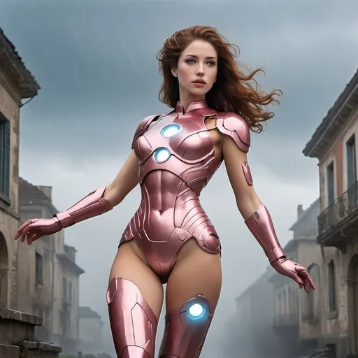 Prompt: year 1950, ironman universe,  normandy war zone, 
20  years old italian version goddess aphrodite in pastel pink ironman full body uniform, high heel iron boots, blue eyes , with short brown hair, heavenly beauty,
 detail face, delicate body,  dance in the sky, mist surrounding, mystic atmosphere, raining
