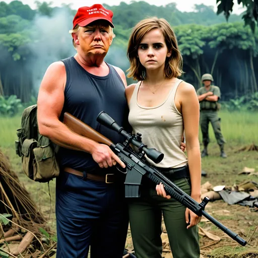 Prompt: 1970.
vietnam jungle,
emma watson is an american female sniper. photo standing with president trump on an american firebase. 
((donald trump in the background.))
intensive glare. long sniper rifle.
dirty torn small t-shirt show abs.