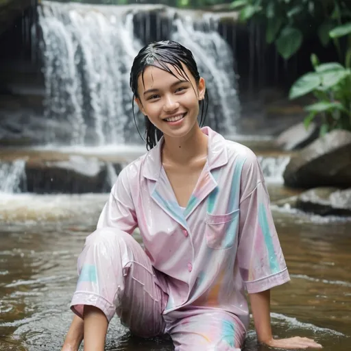 Prompt: Singapore 20 years old cute boyish beauty school  girl  in waterfall . wet pajamas, transparent wet , short flowing hair ties in bund.  white fair skin.  warm smiles.   Pastel color tones.  , Picasso style,