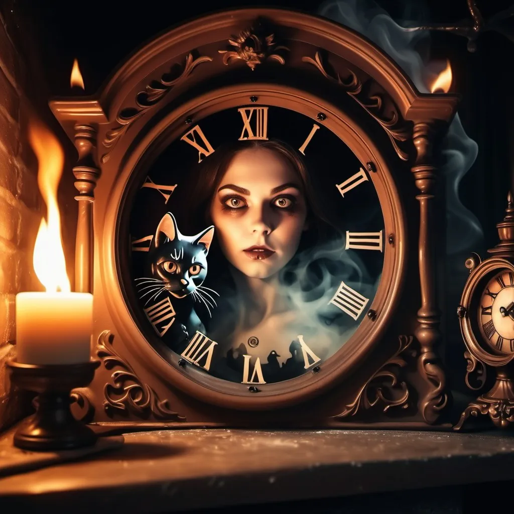 Prompt: first person view from 10 m away.
in  a burning wax house, a beautiful maiden face image is inside a clock. the wax clock is over the fireplace.
A horror house.
A witch, black cats.


mystic mist