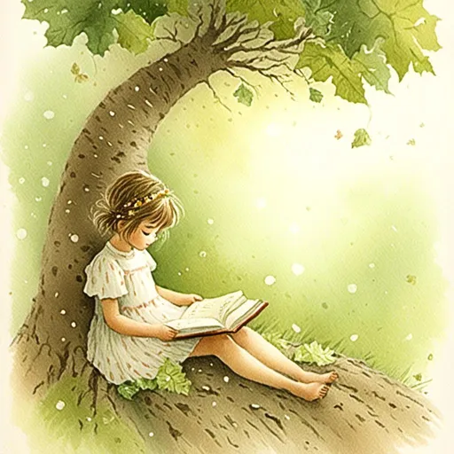 Prompt: <mymodel>girl reading a book, peaceful, caterpillar on book, many leaf on a big tree , a leaf, dreamy, light from left
