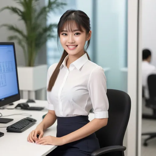 Prompt: (heavenly beautiful, 20 years old) Singaporean working office girl . office.  white teeth. smiles. dreamy eyes.



 64k resolution. Beautiful face, slim and pony-tail hair with bangs. full body view.
