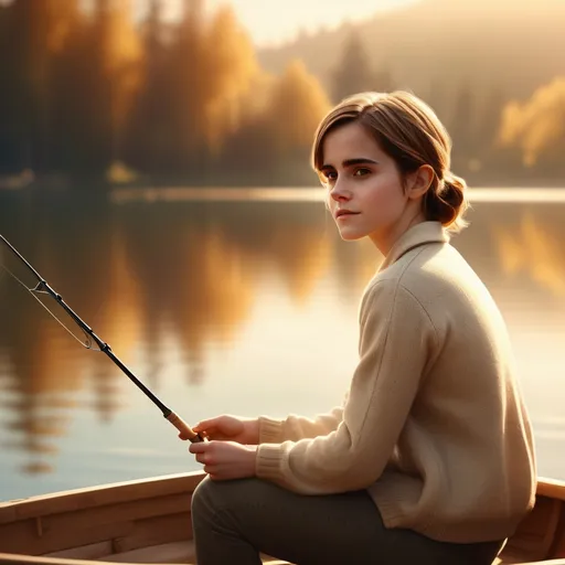 Prompt: (Emma Watson character), fishing on a sunlit boat,  lake, serene and contemplative atmosphere, soft bokeh background creating a dreamy effect, gentle waves lapping at the side, warm golden hues reflecting off water, tranquil ambiance, nature surrounding, high detail, ultra-realistic rendering, captivating lighting, rich textures that evoke feeling and depth, nature's calmness personified.