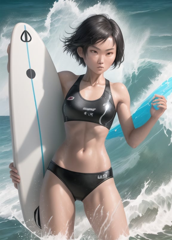 Prompt: wave surfing,   25-year-old sporty chinese woman, dark short  hair,  sun burned, beach, oily,  fit , lithe, tidy hair,  detail body, full body view, l, dramatic lighting,, swim suite, professional, highres, dramatic lighting, dramatic shadows, detailed eyes, oil painting, front view