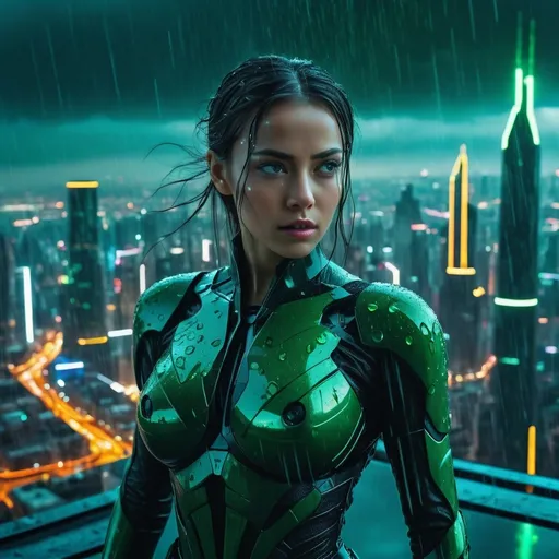 Prompt: (MATRIX movie scene), (stunning beautiful maiden in ironwoman outfit), breathtaking digital landscape, futuristic city skyline imbued with green code raindrops, dramatic contrasts, vibrant colors accentuate the action, tense ambiance, high-intensity mood, (4K ultra-detailed), cinematic lighting creates depth, bold shadows, innovative architecture unfolding in the background, a blend of reality and illusion, mesmerizing visual storytelling.