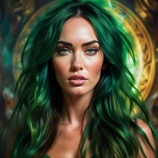 Prompt: megan fox, Hora, green haired Roman Goddess and Guardian of Rome, Warrior of Peace,  pre-Raphaelite time-lapse motion blur Abstract* cyber graffiti, High resolution, detailed portrait, Midjourney style, ethereal atmosphere, flowing hair, captivating eyes, cosmic mystical aura, vibrant colors, 
standing in the throne room roma.