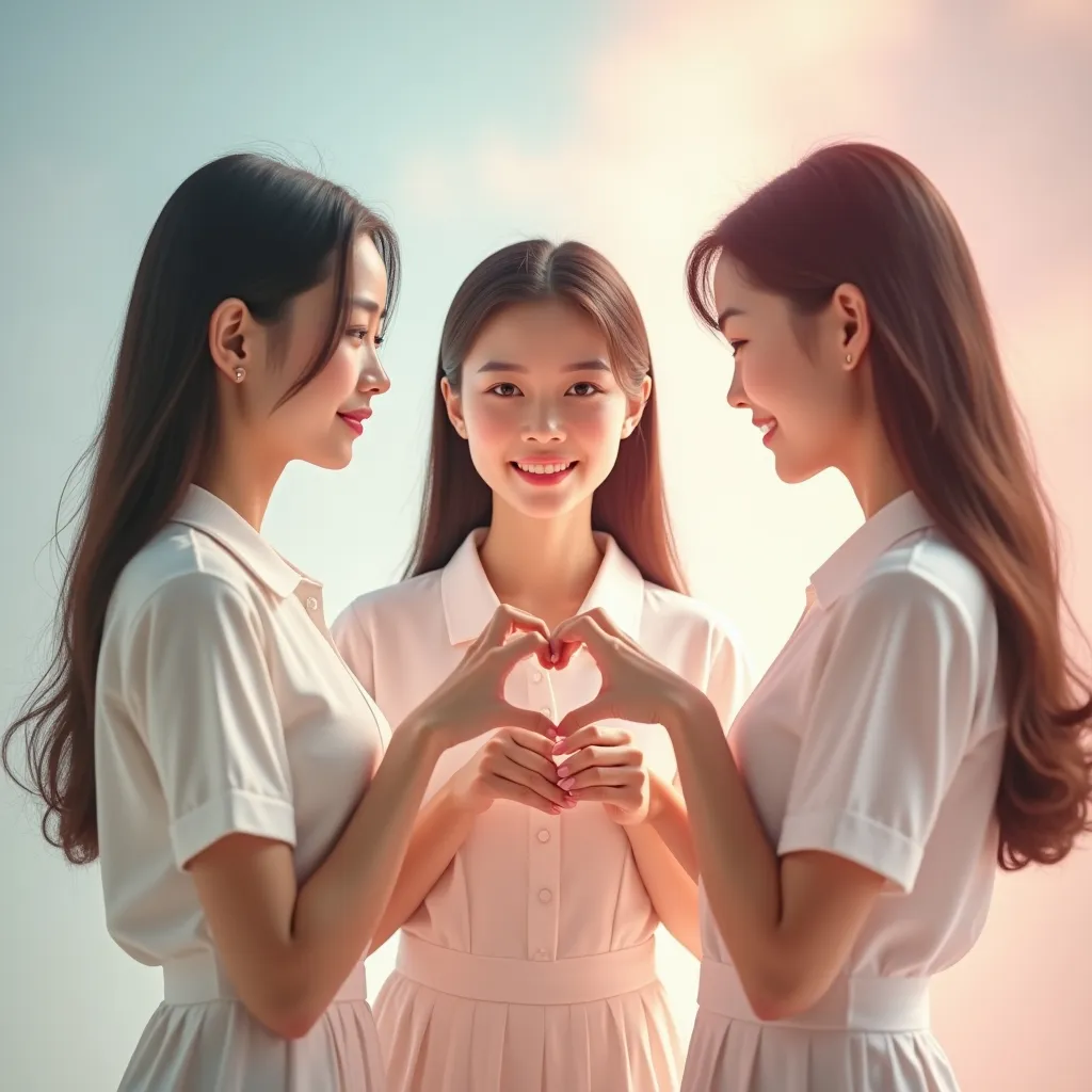 Prompt: Dreamy pastel portrait, full body shot of three beautiful woman looking at the camera, ethereal atmosphere, soft focus.
High school advertising poster.  

both hand form a heart shape.
 
 ((teacher and student interaction)),
(full body portrait from the back),  halo light on character,  beautiful heavenly cute female figure, ,  ((teacher in white con dress)),  ((student in sailor uniform)), (chinese descent), Pilate,  hint of smile, lithe strong body,   ,  high-contrast composition,(ultra-detailed), stylish and modern vibe, striking visual contrasts, (high quality, 4K).