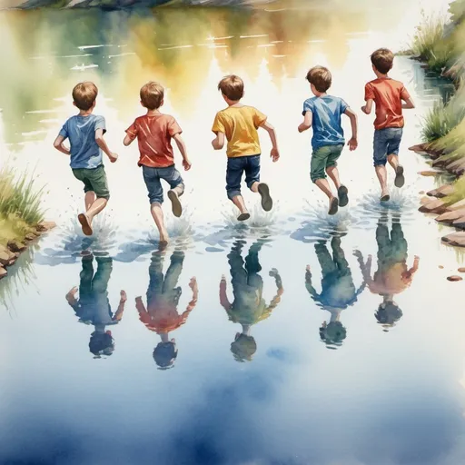 Prompt: Six boys running towards the lake.  Jumping into glittering water.  Detail reflection.  From top down view.   Water colour
