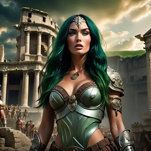 Prompt: (Megan Fox as a Roman Goddess), (Hora with vibrant green hair), powerful and graceful stance, standing beside (Conan the Barbarian), ancient Rome backdrop, lush landscapes, dramatic clouds overhead, strong contrasts of light and shadow, cinematic depth, heroic ambiance, both characters in intricate armor, epic fantasy vibe, ultra-detailed, high quality, mythical elements, symbolizing strength and peace.