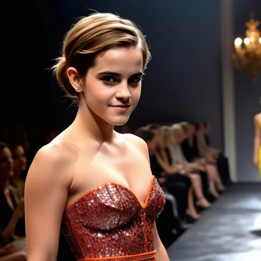 Prompt: (Emma Watson character), catwalk fashion show, spotlight illuminating the runway, vibrant colors high fashion attire, confident pose exuding elegance, hint of smile, sunny, stunning makeup enhancing features, crowd mesmerized, dramatic ambiance, ultra-detailed, HD quality, atmosphere filled with glitz and glamour, sophisticated backdrop of a lavish venue, stylish models showcasing cutting-edge trends.
Bokeh.