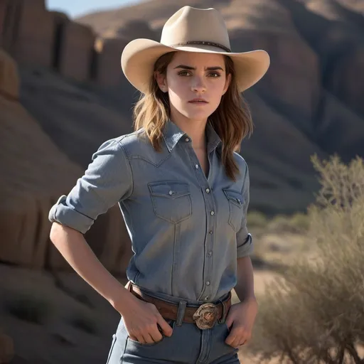 Prompt: Emma Watson as a (cow girl), wearing a classic western outfit, denim jeans and a cowboy hat, in a (dusty, sunlit) desert landscape, with rolling hills and a clear blue sky, evoking a (vintage western movie) feel, highlighting her determined expression, with warm sunlight creating striking (high contrast) shadows, (ultra-detailed) and (photorealistic) quality.