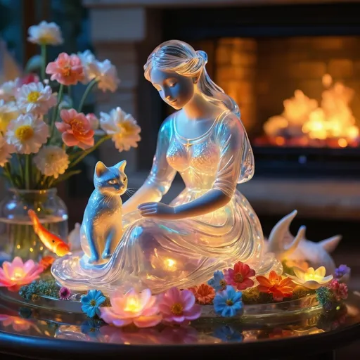 Prompt: (glowing, transparent glass sculpture of a peaceful maiden, vibrant colors, (heavenly atmosphere), surrounded by radiant flowers, playful fish, gentle angels, soft pillows, whimsical cat toys, cozy flickering fireplace in the background, ethereal lighting, serene and tranquil vibe, high detail, ultra-detailed, 4K quality.