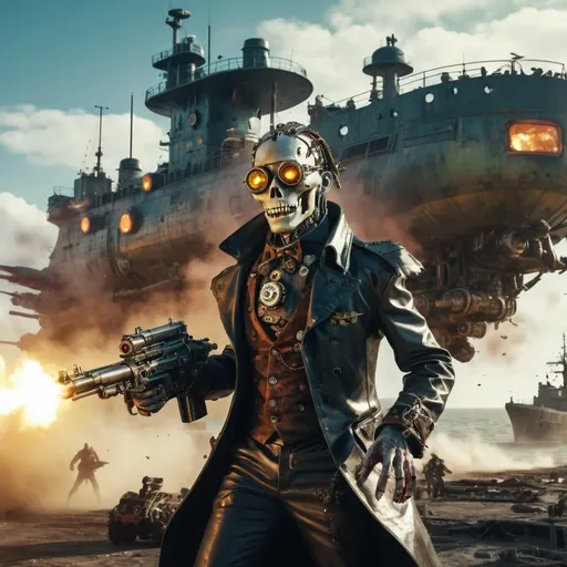 Prompt: multi media creation of a portrait of a enigma android.
steampunk, biopunk, 

zombies flying.   Guns firing.
landing ship landing in the background.

dust.

vibrant atmosphere, captivating energy, (photorealistic), high-resolution, ultra-detailed, professional photography, (stunning visuals), 4K