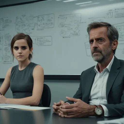 Prompt: (hospital), (highly detailed), Dr. House and Emma Watson sitting in a modern meeting room, serious expressions, professional attire, large whiteboard filled with diagrams in the background, soft ambient lighting, cool tones, quiet atmosphere, capturing the intensity of a critical conversation, ultra-detailed, 4K quality, realistic textures