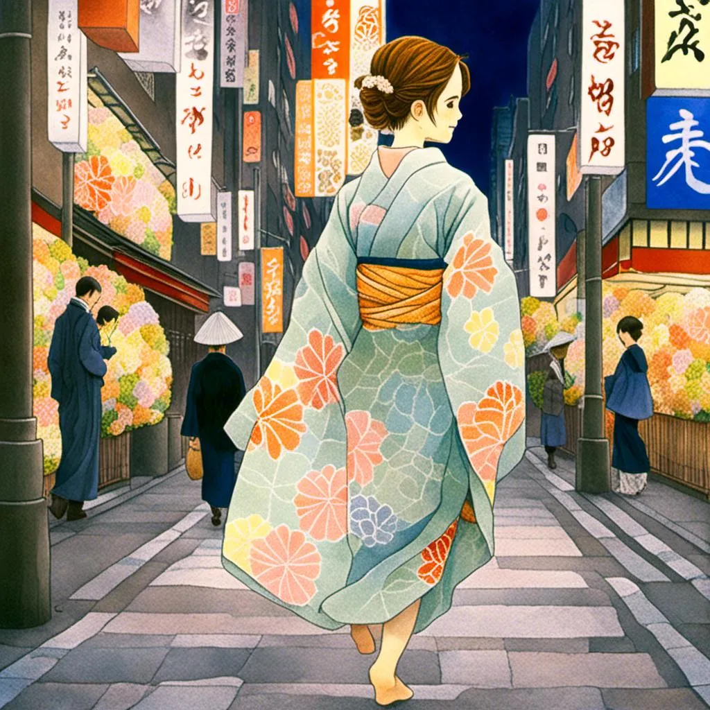 Prompt: <mymodel> 
2003, japan, tokyo, ginza,

emma watson wears kimono.
intricate flower pattern on kimono,
evening, walking.


cute, happy atmosphere, peaceful.