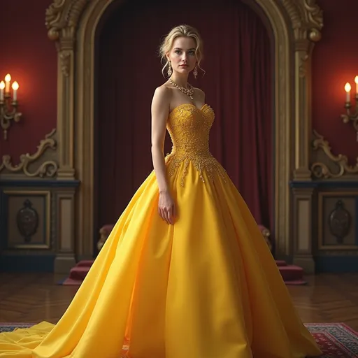 Prompt: Generate a photorealistic full body portrait of a A young emma watson that is a princess, wearing yellow that is a little sad. standing in a throne room.
 She has a heap of expensive jewellery , Lithe but strong body.  (high heels), (rosy cheek), (delicate features), (heavenly beauty), (hint of smile), 
Use soft lighting (f/1.8, ISO 200) to highlight her grace and elegance. The woman is adorned in a sumptuous  luxurious red yellow Valentino ball gown, her eyes sparkling with intelligence and charm. Behind her, the castle's intricate architecture and rich history unfold, adding depth and grandeur to the scene.