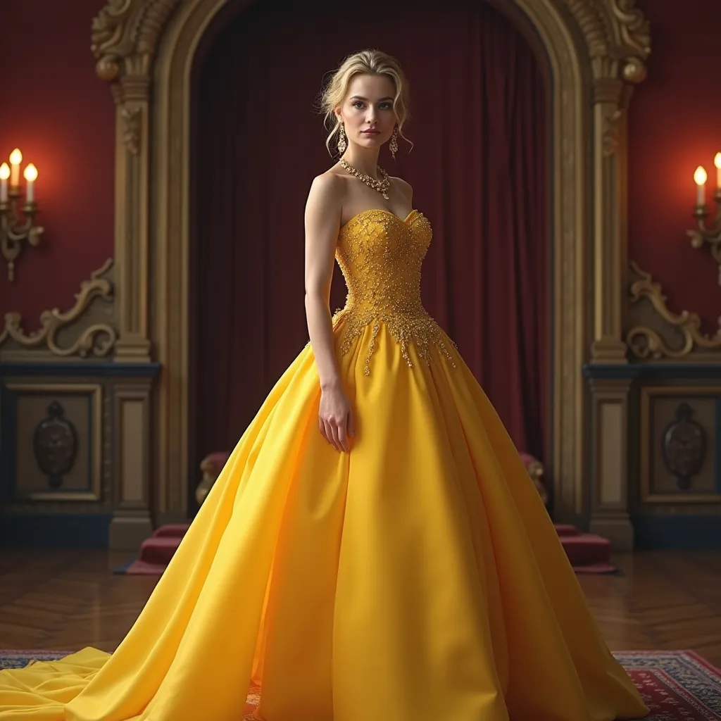 Prompt: Generate a photorealistic full body portrait of a A young emma watson that is a princess, wearing yellow that is a little sad. standing in a throne room.
 She has a heap of expensive jewellery , Lithe but strong body.  (high heels), (rosy cheek), (delicate features), (heavenly beauty), (hint of smile), 
Use soft lighting (f/1.8, ISO 200) to highlight her grace and elegance. The woman is adorned in a sumptuous  luxurious red yellow Valentino ball gown, her eyes sparkling with intelligence and charm. Behind her, the castle's intricate architecture and rich history unfold, adding depth and grandeur to the scene.