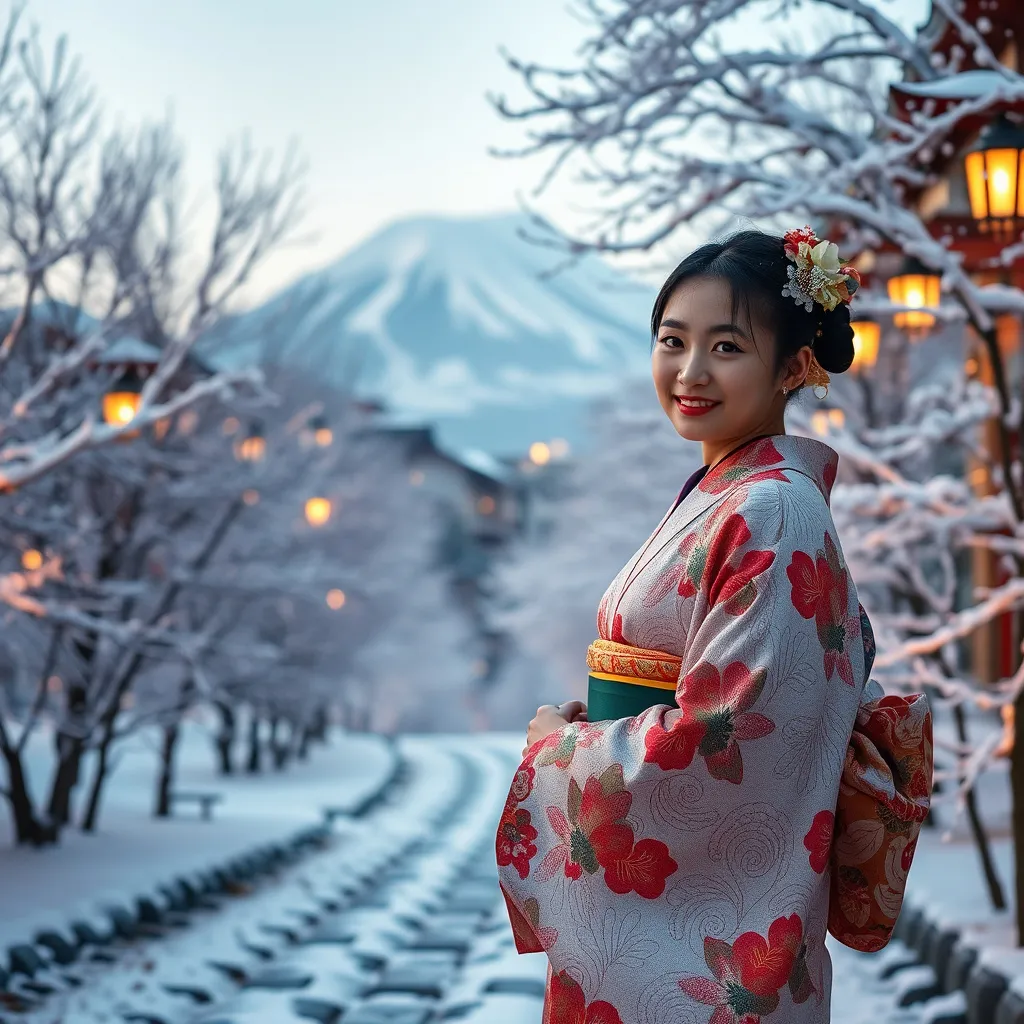 Prompt: <mymodel>(mymodel), wearing (intricately patterned kimono), standing gracefully in (Tokyo), with (Mount Fuji) in the background, amidst (gentle snowfall), evening light casting a soft glow, surrounded by (white-crowned trees), embodying a (cute and happy atmosphere), evoking a sense of (peaceful serenity), stylized in a breathtaking (2023 winter scene), ultra-detailed, tranquil.