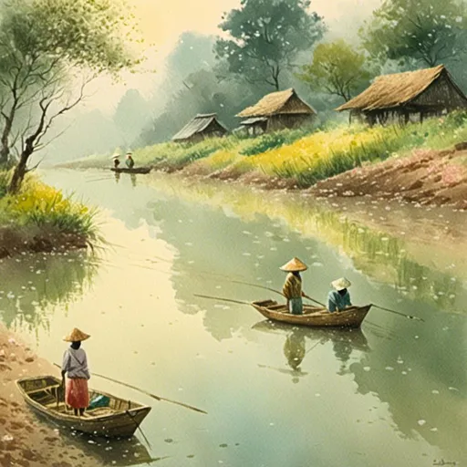 Prompt: <mymodel> modern Asian river. Fishing boats,  long shadow, evening  Worker small figures