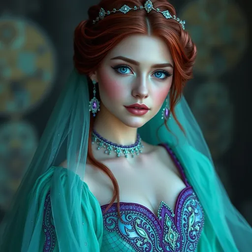 Prompt: (Goddess Lilith),Hyper realistic image of Ariel, as a queen wearing a medieval style, floor-lenght ball gown in her iconic seafoam-green and purple. 
detail face with delicate nose, tiny lips, cold, The dress should be elegant and regal with beading design.