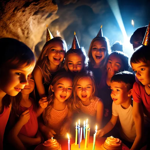 Prompt: birthday party, girls and boys, spot light,   detail face, high quality,  cave setting, dramatic, atmospheric lighting,  emotional, detailed, 