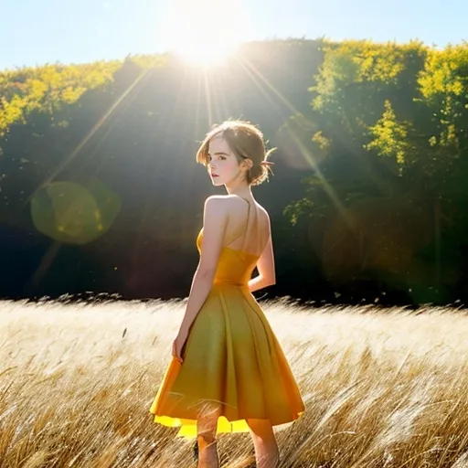 Prompt: ((Emma Watson)), photorealistic, standing on a vibrant golden grass field, (sunshine) illuminating from behind, f