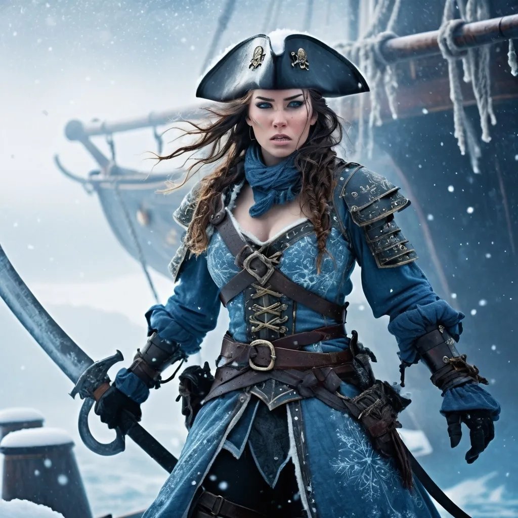 Prompt: (female snow warrior), (detailed armor), snow-covered landscape, (fierce expression), (abstract weapon), standing on pirate ship, cold, ethereal mist, icy blue tones, high contrast, dramatic atmosphere, surrounded by swirling snowflakes, (epic scene), (4K), ultra-detailed, ready for battle, conveying strength and resilience, mystical energy emanating from her presence.