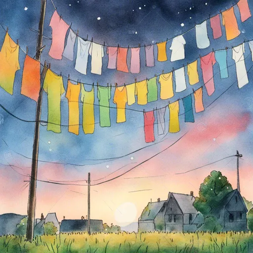 Prompt: <mymodel> 2024,  evening.
many colour t-shirt on clothes line drying.


mysterious atmosphere.