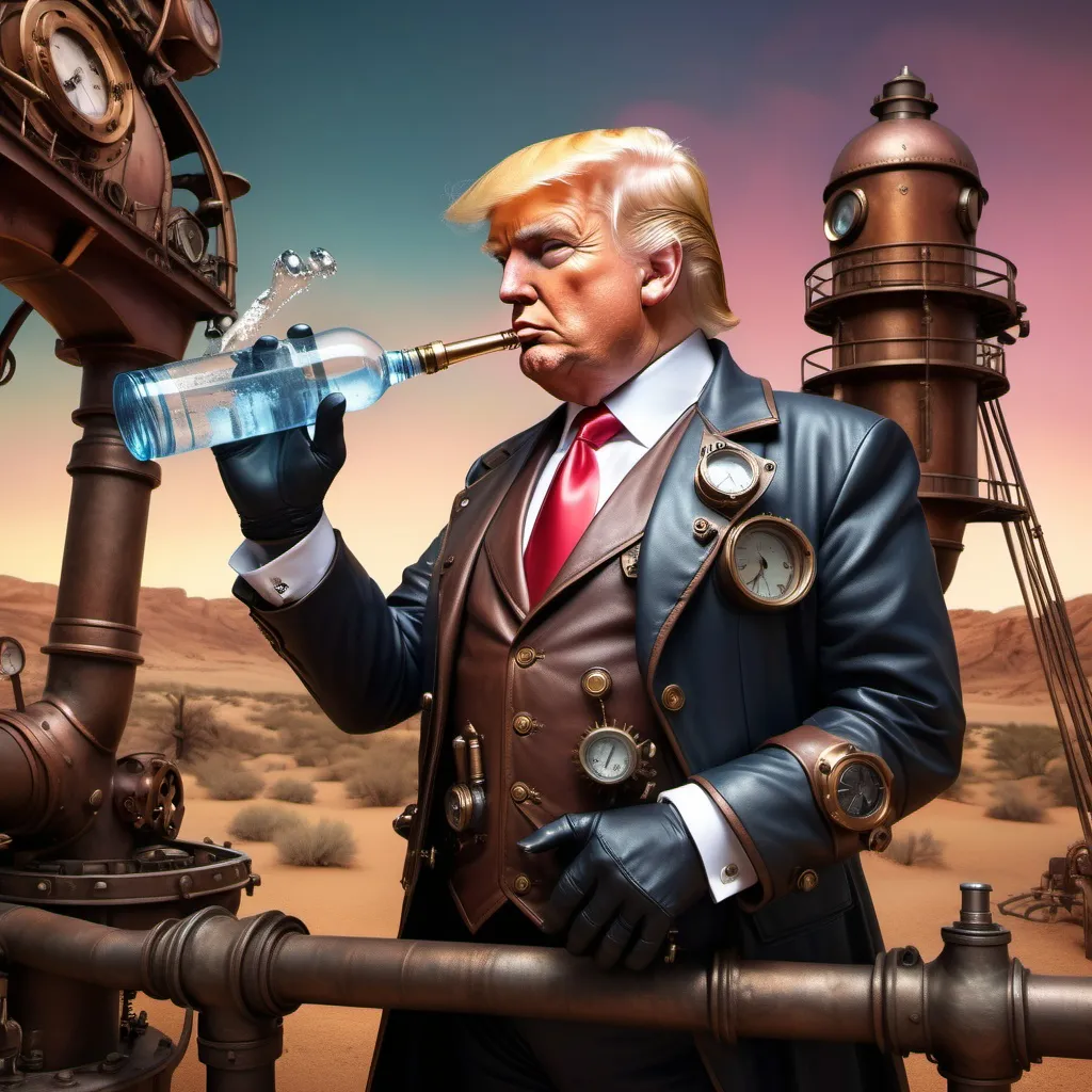 Prompt: photorealistic, (steampunk art), 
donald trump  in a steampunk  uniform, (argumentized hands), abs, (desert background),  (drinking water from a well),  (colourful makeup),  (rosy cheeks)dynamic poses,  warm and cool color contrasts, ultra-detailed, sleek design, atmospheric and immersive setting, night scene with a sense of adventure and intrigue.