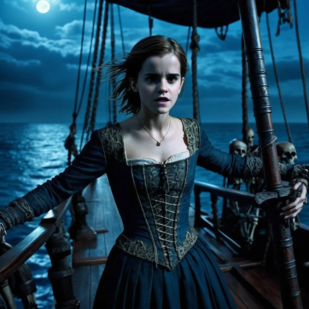 Prompt: (vampire movie scene), (actress emma watson), show her fangs,  standing on the deck 10th-century pirate ship, surrounded by eerie skeletons, dramatic moonlight illumination, cool blue tones, high-quality HD, gothic atmosphere, intense expressions, intricate ship details, ominous ocean backdrop, hauntingly beautiful ambiance, capturing the essence of dark adventure.