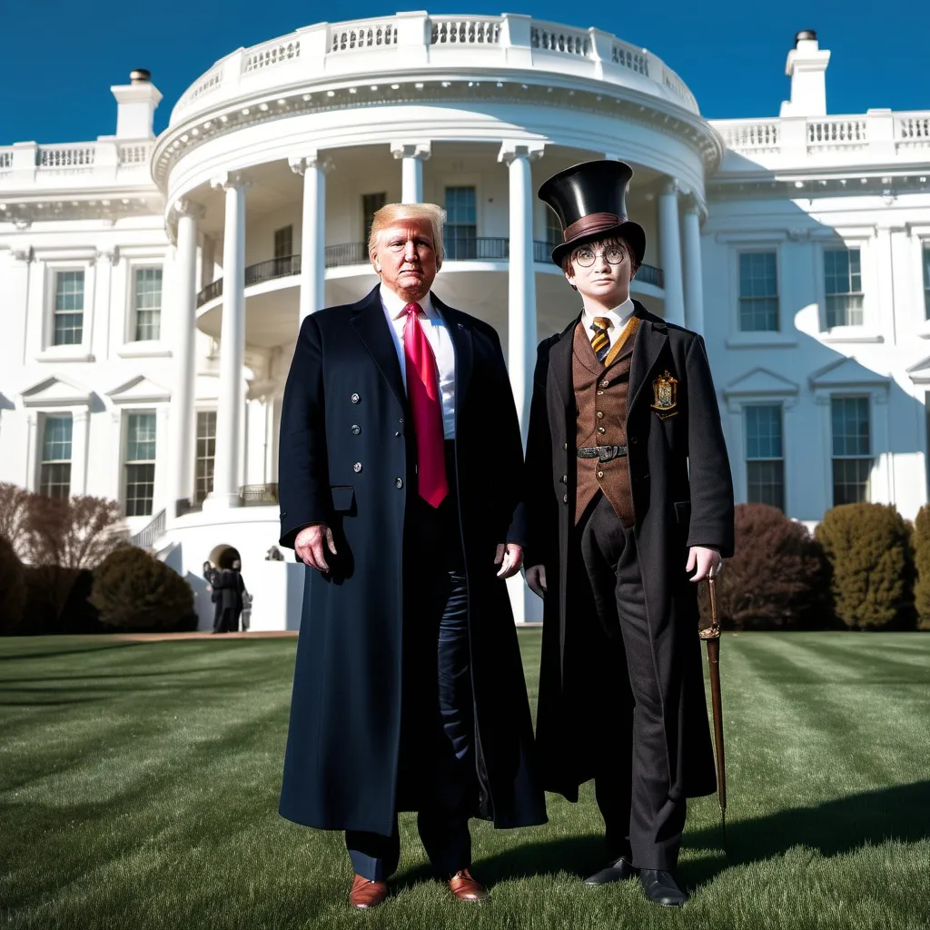 Prompt: 1920, white house,
photo of president donald trump with harry potter,
(( black secret service agent))
mysterious atmosphere.
blue sky.
steampunk.