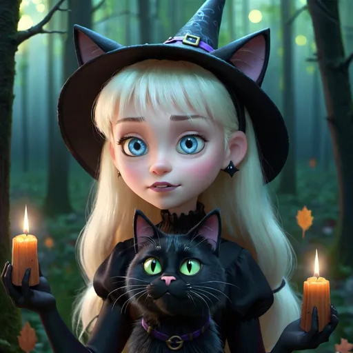 Prompt: black cat on a cute witch girl.  dark forest. light shines on her. sparkle. gothic feel