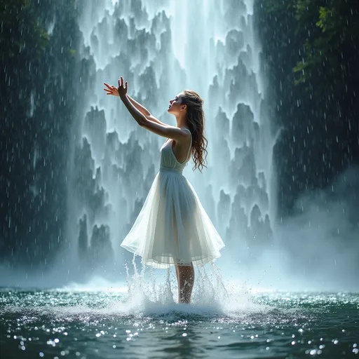 Prompt: (photorealistic) white heavenly beautiful angels, ballet dancing gracefully in the midst of a stunning waterfall, ((face breakout from the water)).,long exposure capturing her movement, (perfect studio lighting), (impeccable contrast), HDR, UHD, high res, 64k resolution, ethereal ambiance, cinematic lighting showcasing water droplets, shimmering reflections, magical atmosphere,  