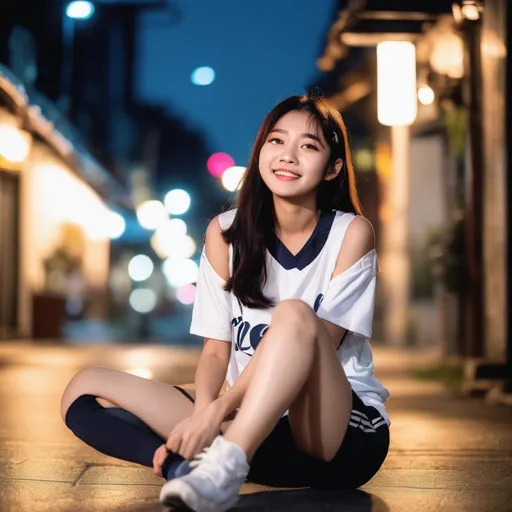 Prompt: A image of one pretty female Asia movie cast in love of feeling love.   In the night.  Long flowing hair.   Sunshine smile.  16-years-old, Feeling love.  Not lonely.   (trendy athelatic Sports wear).  (Vulnerable) (legs bound open)