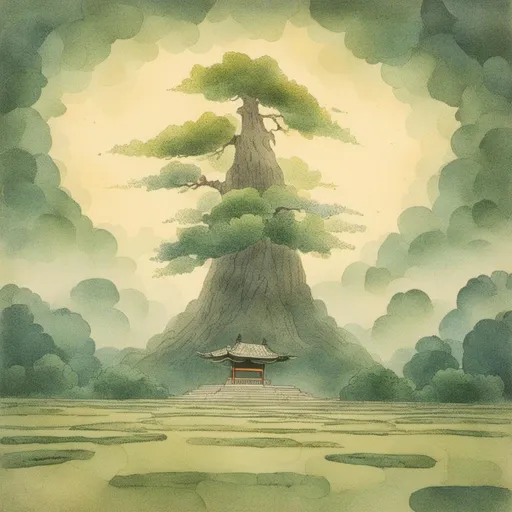 Prompt: <mymodel>

 1920,  morning.
Europe.

zen garden, one giant tree crest. 


mysterious atmosphere.