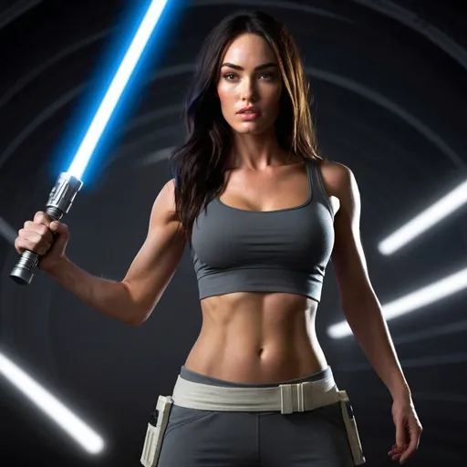 Prompt: stars war movie setting.  on death star.
(((20 years old jedi megan fox in tight fit sports wear  ))),  

(long exposure movement)
 battle stance

 high quality, soft expression, dynamic lighting,   digital illustration, vibrant colors, 
, in love, perfect anatomy, highly detailed,((photorealistic)), ((hyperrealistic))

 (((full body))) 

128k resolution. 

 Zeiss Sonnar F 150mm f/2.8
 in the style of Paul Barson

