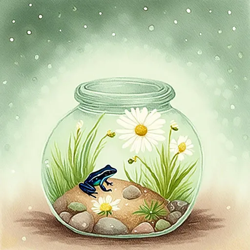 Prompt: <mymodel>
tiny small amazon poison frog sitting on a zen garden,  daisy garden. view in the glass jar. 