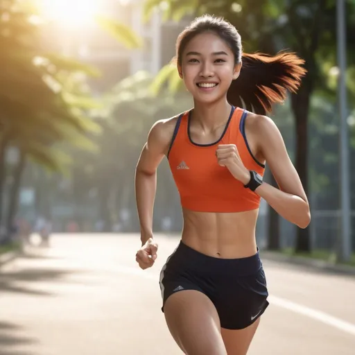 Prompt: a 15-years-old singapore girl, pretty,  dynamic, running in sports wear, showing her abs, sunshine smiles




[aesthetically pleasing, realistic, 128k, high resolution, high overdetalization,3d rendering,octane, cinematic, pixel rendering]
 Zeiss Sonnar F 150mm f/2.8