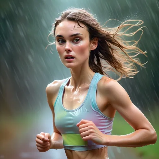 Prompt: Dreamy pastel portrait, keiry knightley running in sports wear, sweaty, wet, hot sensual ethereal atmosphere, soft focus