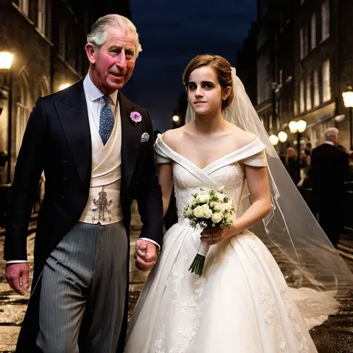 Prompt: London city, 
,midnight,

 emma  watson is the bride in wedding ceremony.
Groom is prince charles.