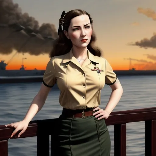 Prompt: 1944 world war 2 steampunk universe.
on the york aircraft carrier deck.
Sunset. 

japanese art digital painting, vivid color,

sharp focus on face. Heavenly beauty.
short sleeves blouse, pencil skirt.

dramatic soft lighting.
