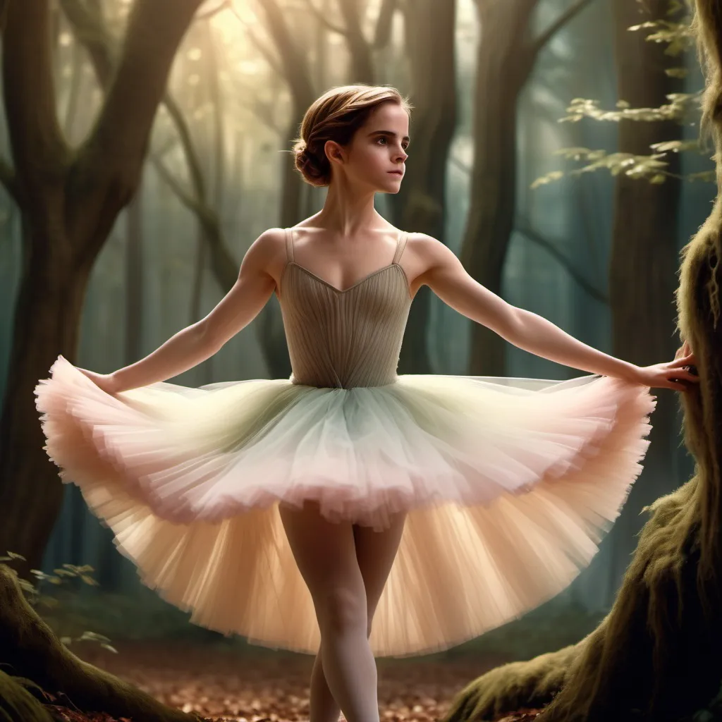 Prompt: (focused character Emma Watson), (elegant ballet pose), soft warm lighting, flowing pastel-colored tutu, enchanted forest background, delicate expression, intricate details in attire, immersive atmosphere, ethereal vibe, graceful movements, dreamy ambiance, intricate ballet shoes, glowing soft light filtering through trees, beautiful HD quality, atmospheric cinematic mastery.