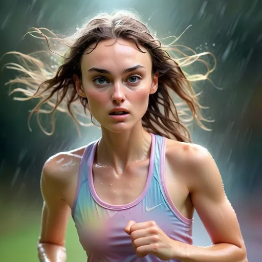 Prompt: Dreamy pastel portrait, keiry knightley running in sports wear, sweaty, wet, hot sensual ethereal atmosphere, soft focus