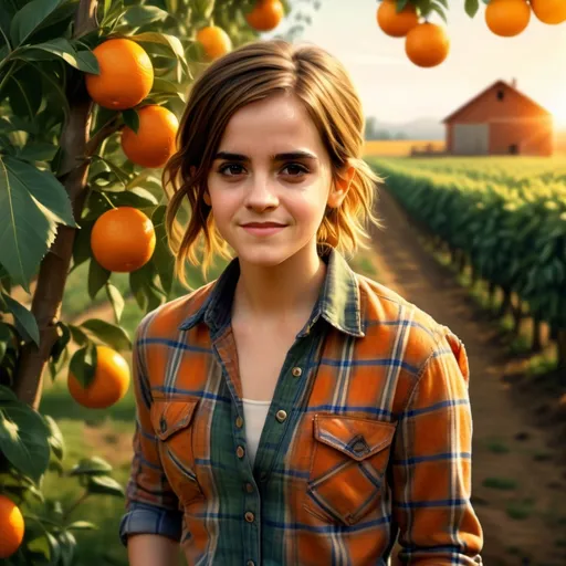 Prompt: (vivid depiction of an illegal immigrant), Emma Watson, on an orange farm, sun-soaked atmosphere, vibrant oranges hanging from the trees, lush green foliage surrounding her, smiling yet contemplative expression, wearing a worn-out plaid shirt and jeans, warm golden hour lighting, rustic farm setting, cinematic depth, ultra-detailed, high resolution.