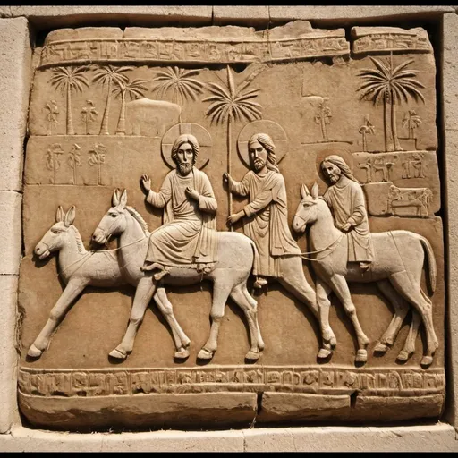 Prompt: Jesus son of God.  Sit on donkey to town .   Road cover by palm leaf.    Lots of spectators.  Middles east setting    Stone craving.   2000 years ago