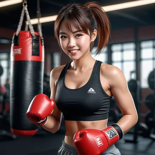Prompt: ((( a young girl))), ((full body view)), A Chinese girl with white skin, beautiful appearance, neat teeth, clear eyes, bright smile and very infectious, short hair, lovely and lively, vibrant and energetic, dynamic lighting, boxing theme, detailed athletic form, digital illustration, vibrant colors, intense workout, dynamic pose, high-res, energetic atmosphere, athletic, dynamic lighting, fitness theme, detailed features, energetic colors, powerful workout, professional quality
, sharp focus, perfect anatomy, highly detailed,((photorealistic)), ((hyperrealistic))

 (((full body)))

128k resolution. Beautiful face, slim and pony-tail hair with bangs. full body view.

 Zeiss Sonnar F 150mm f/2.8