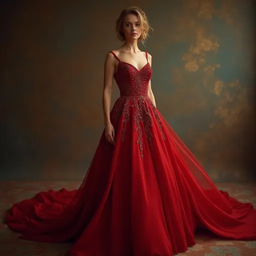 Prompt: An elegant and beautiful emma watson.  (vintage red Valentino dress), exquisite detailing, soft flowing fabric, elegant silhouette, rich textures, muted colors, classic design, romantic ambiance, intricate embellishments, luxurious draping, timeless elegance, high fashion, (ultra-detailed), opulent background, ethereal lighting, enchanting atmosphere, highlighting the artistry of couture fashion.