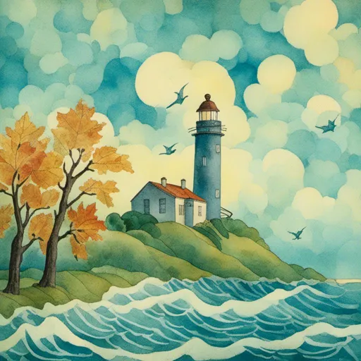 Prompt: <mymodel>

 1920,  morning.
Europe.

blue sky.

 leaf falling from tree, lighthouse, hugh waves.

mysterious atmosphere.